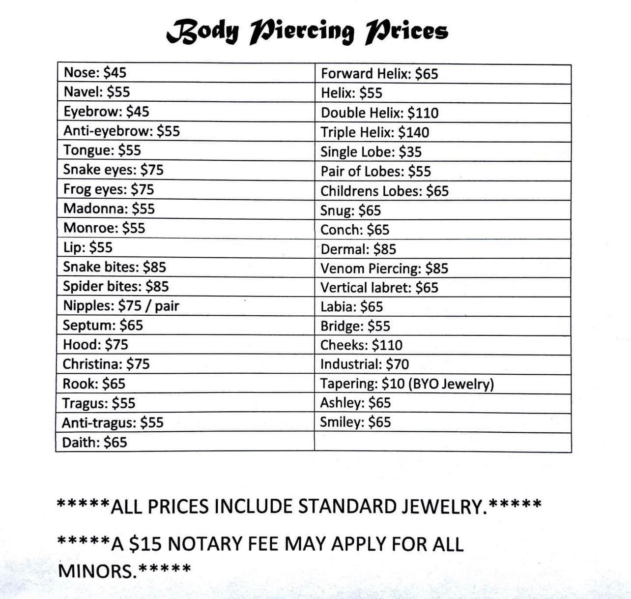 Blackandgreytattoo Gypsy Rose Tattoo And Piercing Tattoo Fiesta Piercing  Prices Body Canvas Piercing Prices 2025